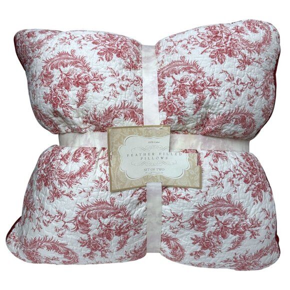 NEW Set of Two Pillows Red Toile Quilted Cotton 20" French Country Holiday - Picture 2 of 7